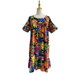 George & Martha Black Floral 100% Cotton Muumuu House Dress w Pockets size XL